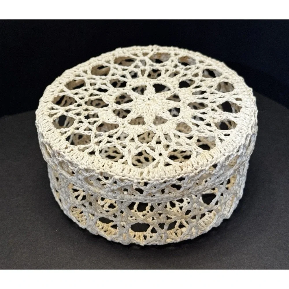 Vintage Crocheted Lidded Trinket Box Stiff Starched Cottagecore Boho Coastal